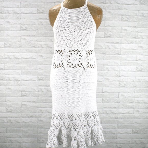 HAND CRAFTED Crochet Dress Halter White Cotton Wedding Coastal Cowgirl Bridal - Picture 1 of 14